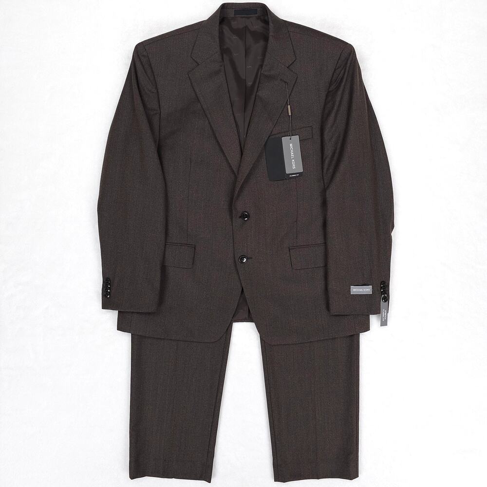 Michael Kors Mens Classic Fit 2 Piece Suit 44L 40x34 Brown Stretch Wool Twill
